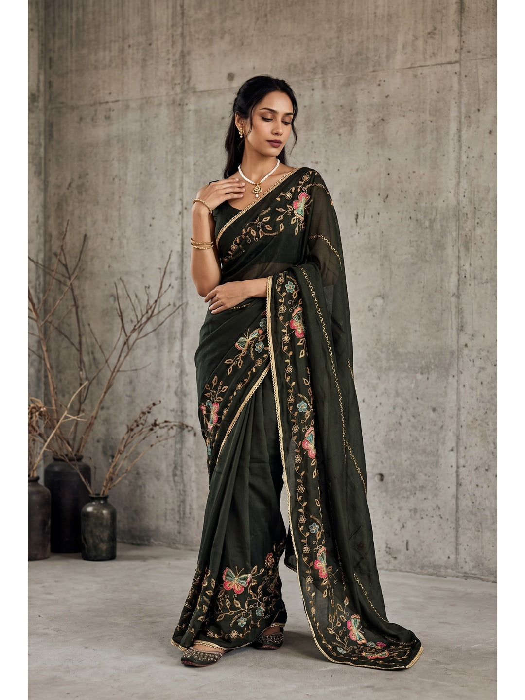 Peachmode Dark Green Floral Embroidered Star Georgette Saree - Image 1