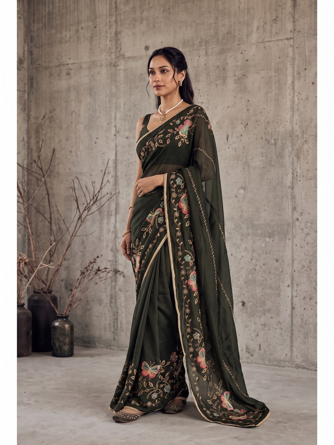 Peachmode Dark Green Floral Embroidered Star Georgette Saree - Image 5