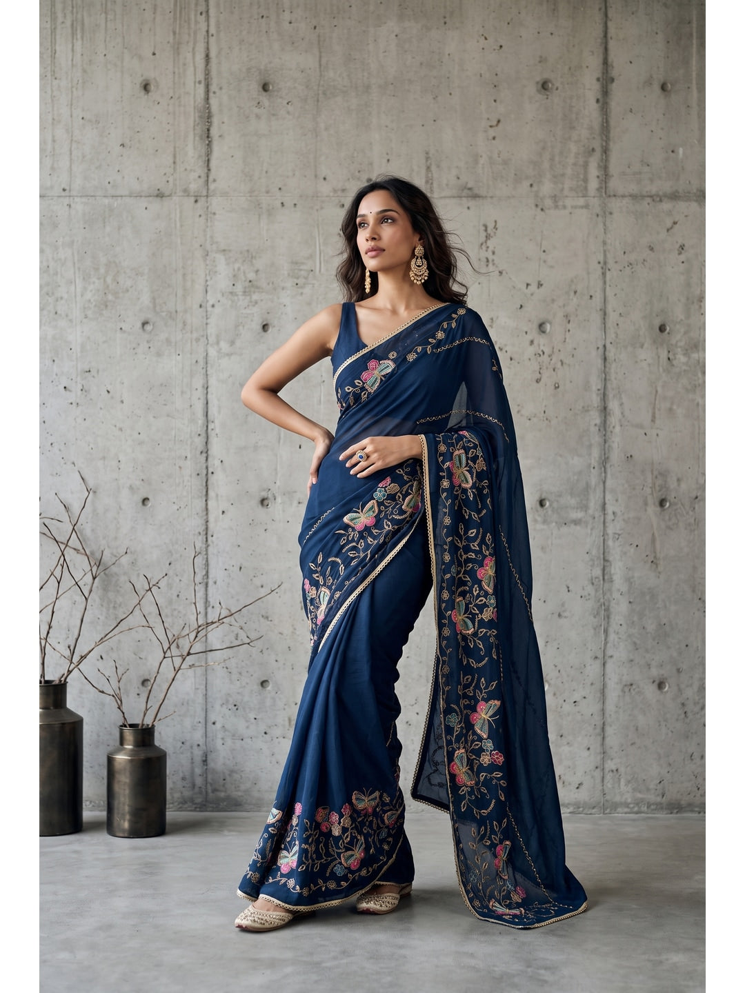 Peachmode Navy Blue Floral Embroidered Star Georgette Saree - Image 1