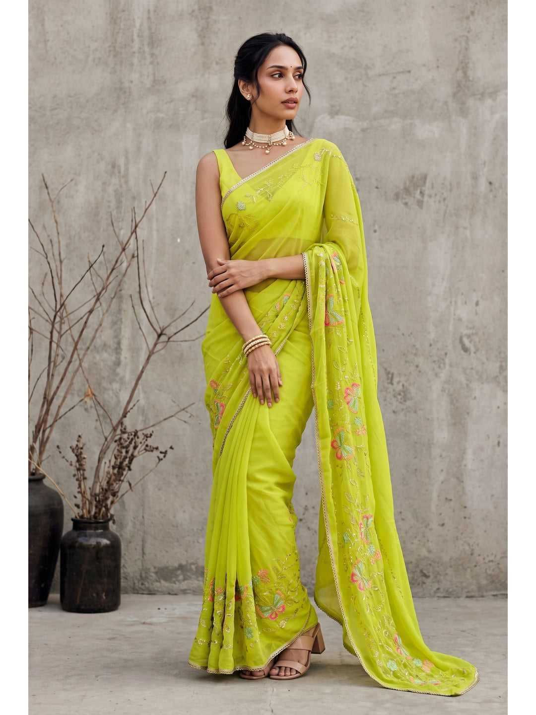 Peachmode Parrot Green Floral Embroidered Star Georgette Saree - Image 1