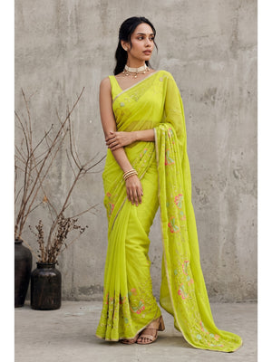 Peachmode Parrot Green Floral Embroidered Star Georgette Saree - Image 1