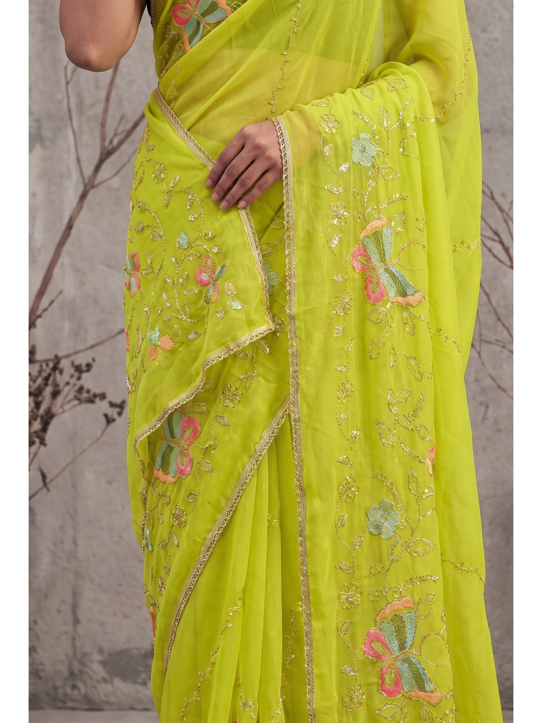 Peachmode Parrot Green Floral Embroidered Star Georgette Saree - Image 4