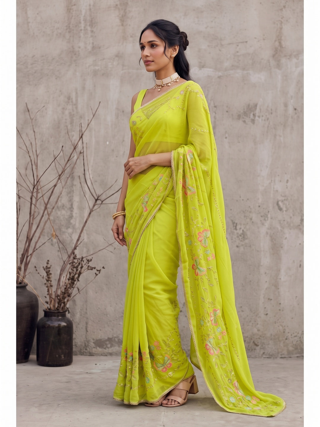 Peachmode Parrot Green Floral Embroidered Star Georgette Saree - Image 5