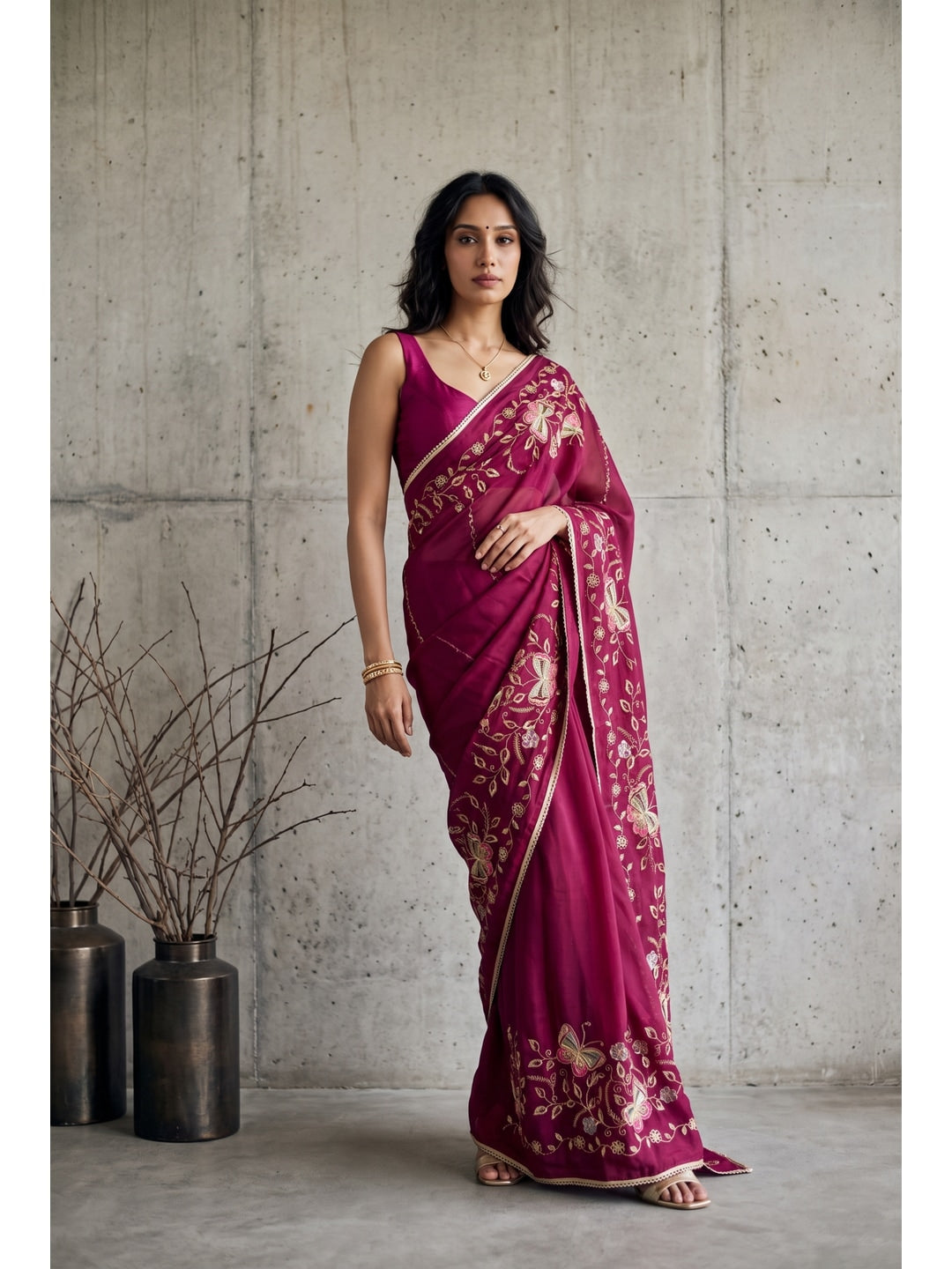 Peachmode Pink Floral Embroidered Star Georgette Saree - Image 1