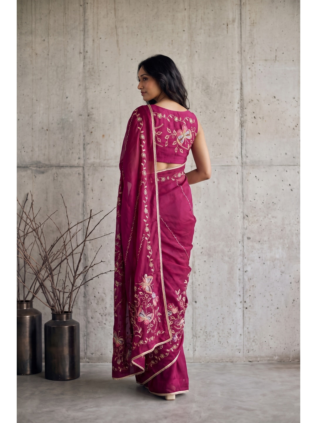Peachmode Pink Floral Embroidered Star Georgette Saree - Image 2