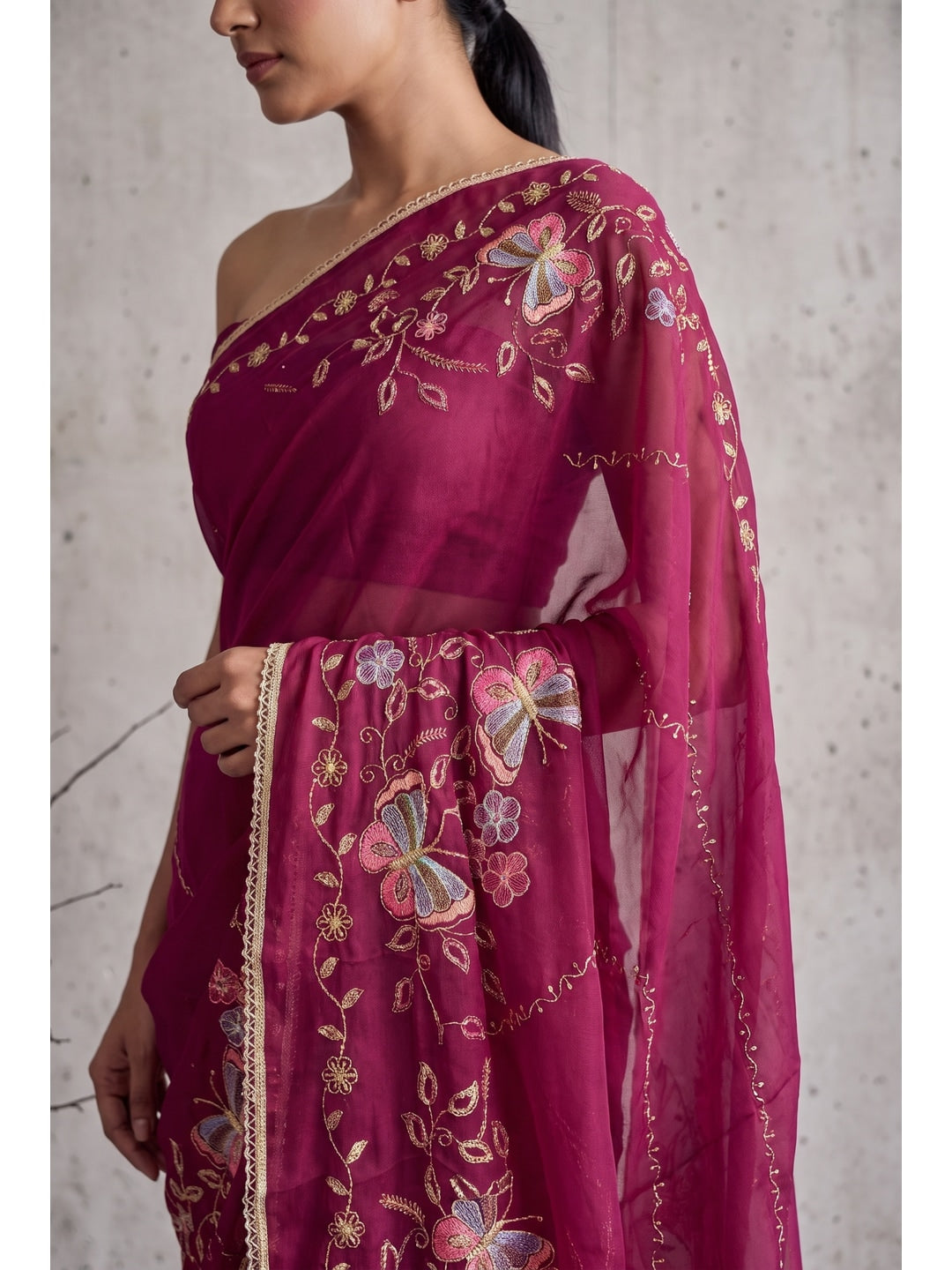 Peachmode Pink Floral Embroidered Star Georgette Saree - Image 4