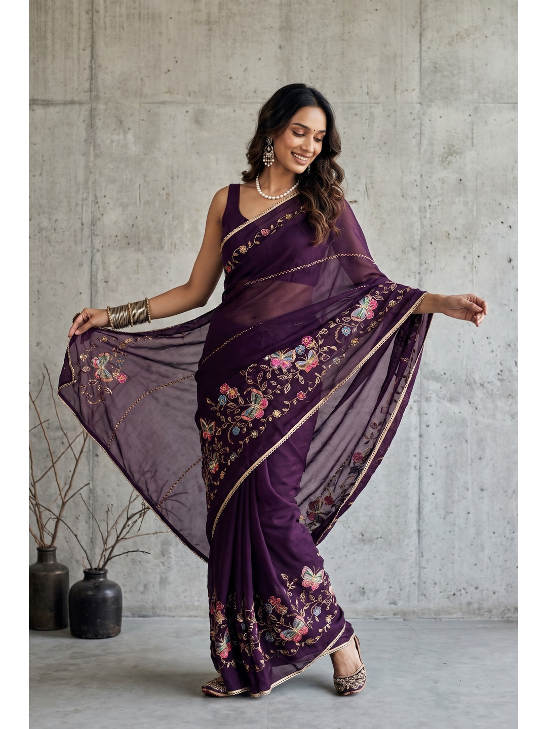 Peachmode Purple Floral Embroidered Star Georgette Saree - Image 1