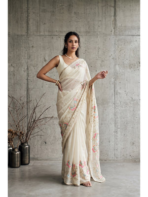 Peachmode White Floral Embroidered Star Georgette Saree - Image 1