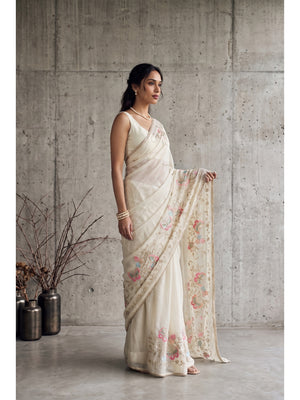 Peachmode White Floral Embroidered Star Georgette Saree - Image 2