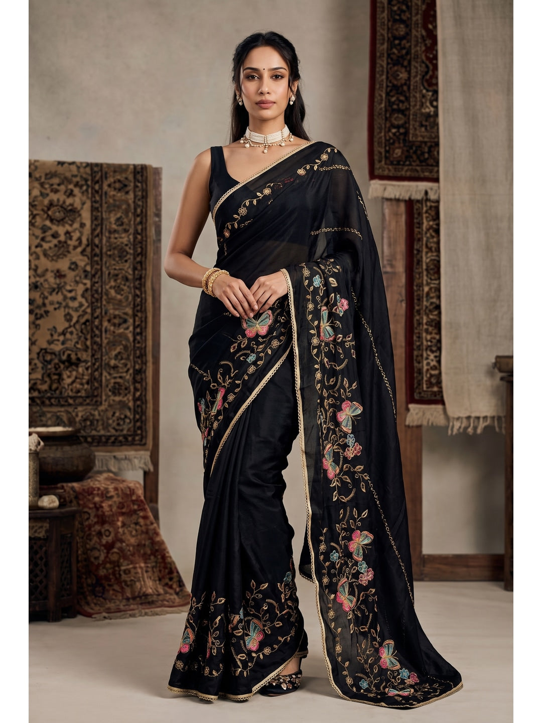 Peachmode Black Floral Embroidered Star Georgette Saree - Image 1