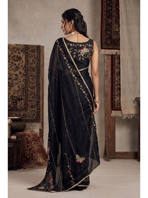 Peachmode Black Floral Embroidered Star Georgette Saree - Image 2