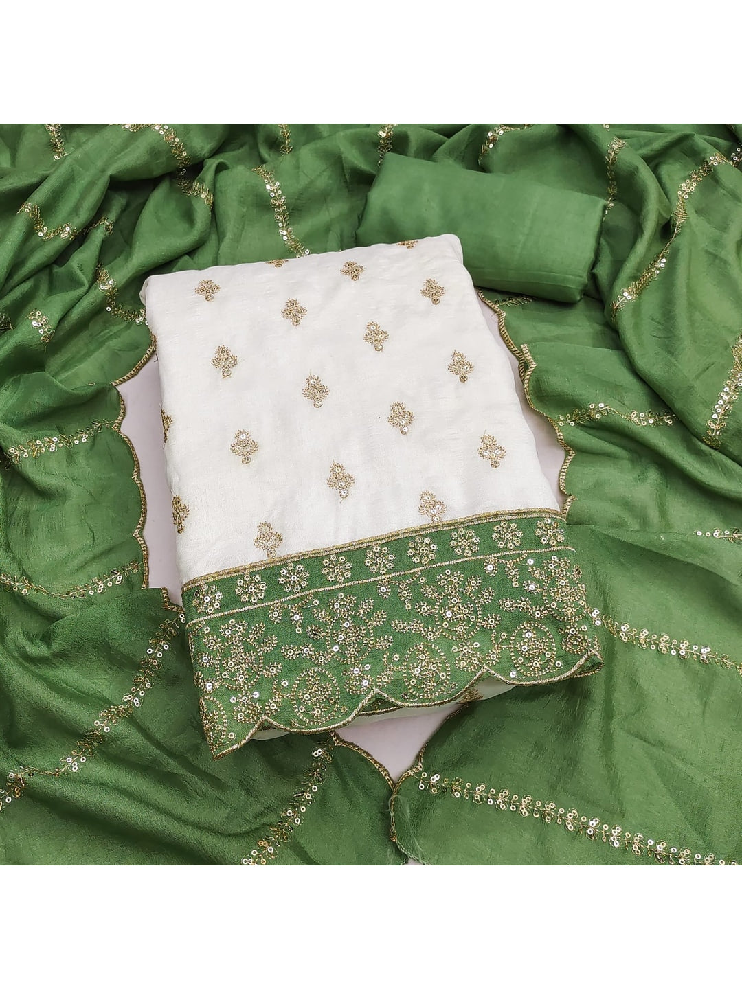 Peachmode Cream and Green Sequins Embroidered Vichitra Silk Dress Material - Image 4