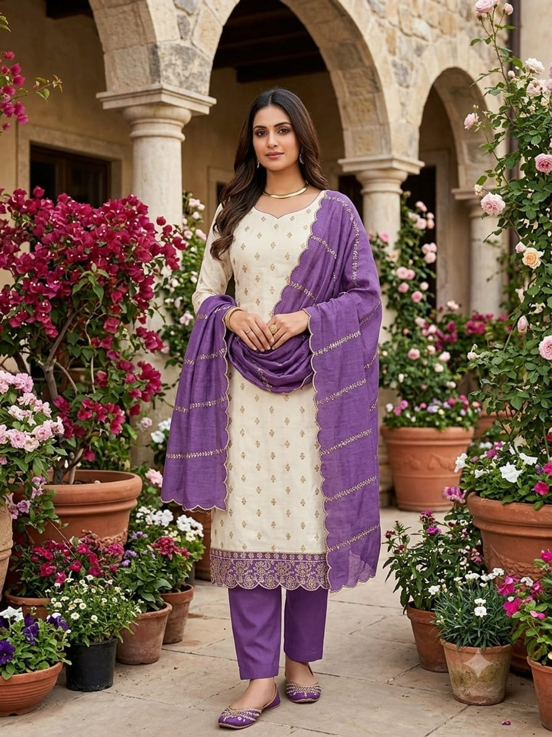 Peachmode Cream and Purple Sequins Embroidered Vichitra Silk Dress Material - Image 3