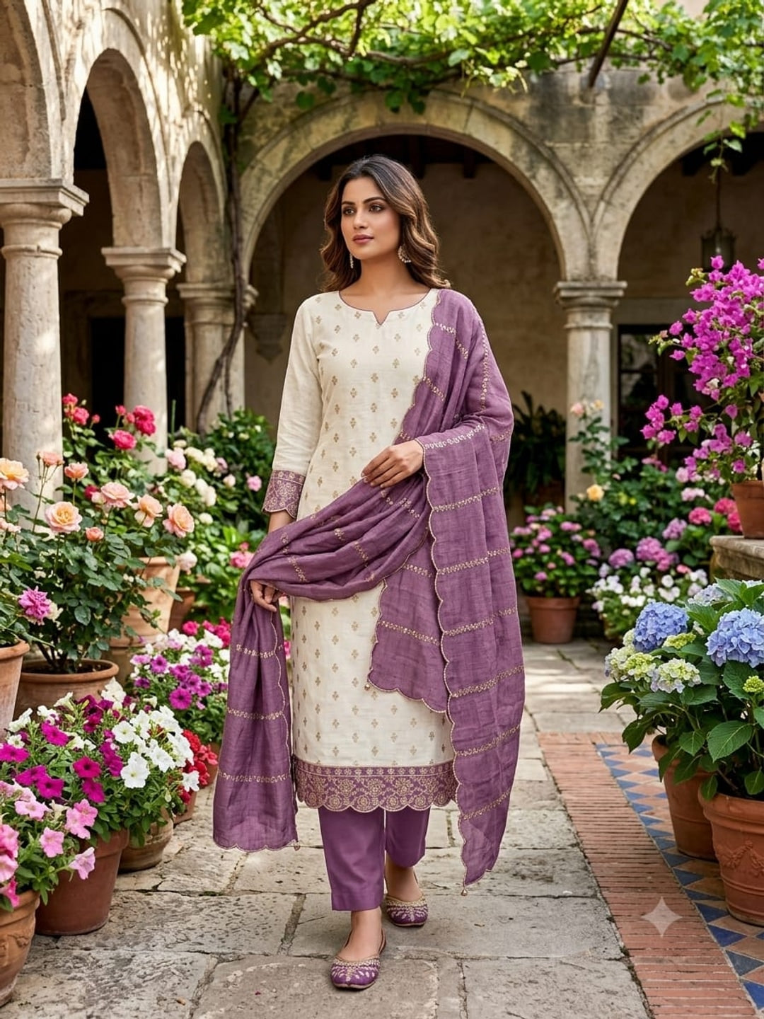 Peachmode Cream and Purple Sequins Embroidered Vichitra Silk Dress Material - Image 5