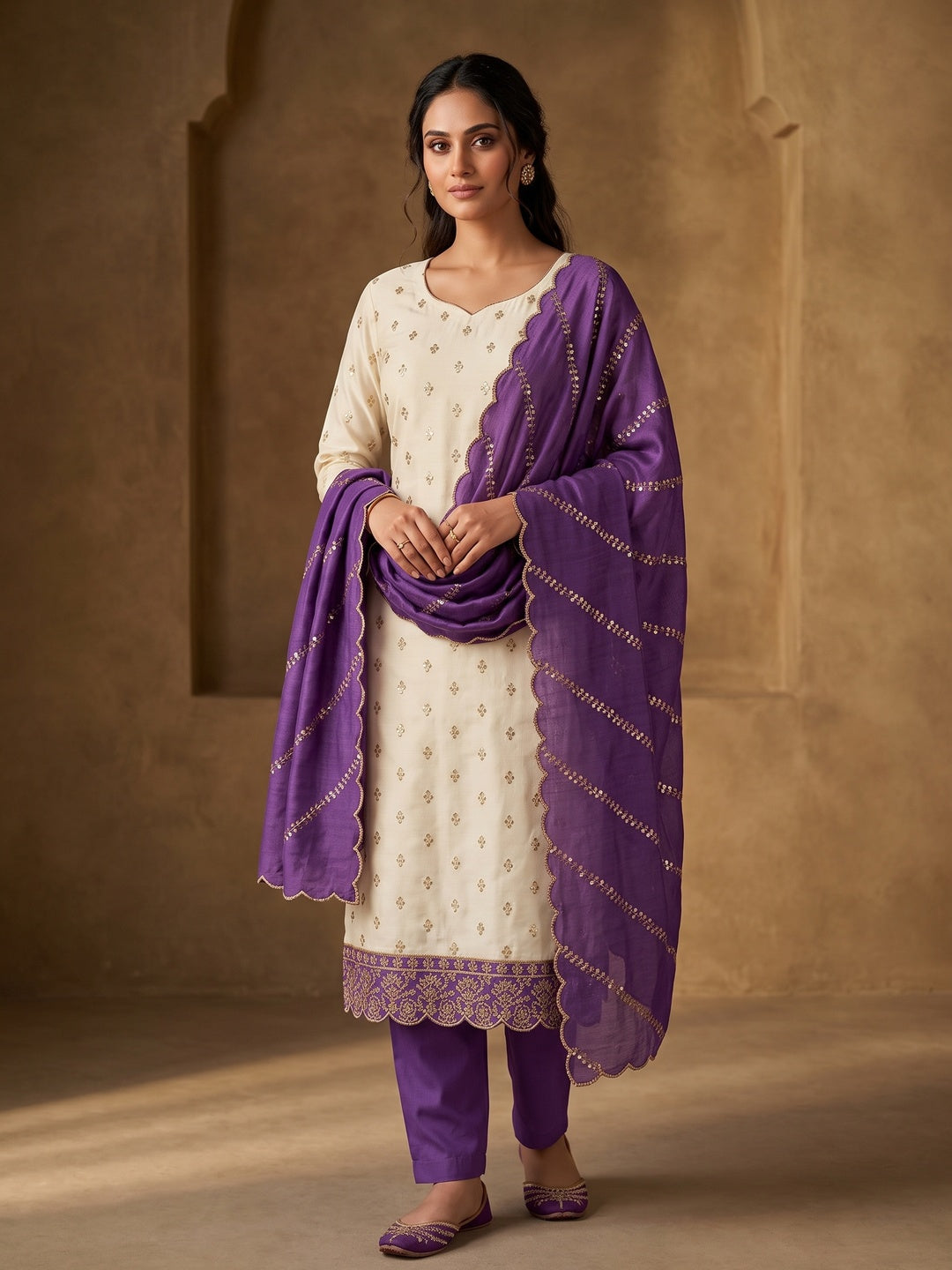 Peachmode Cream and Purple Sequins Embroidered Vichitra Silk Dress Material - Image 2