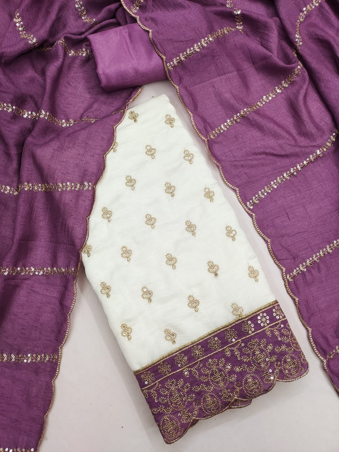 Peachmode Cream and Lavender Sequins Embroidered Vichitra Silk Dress Material - Image 1