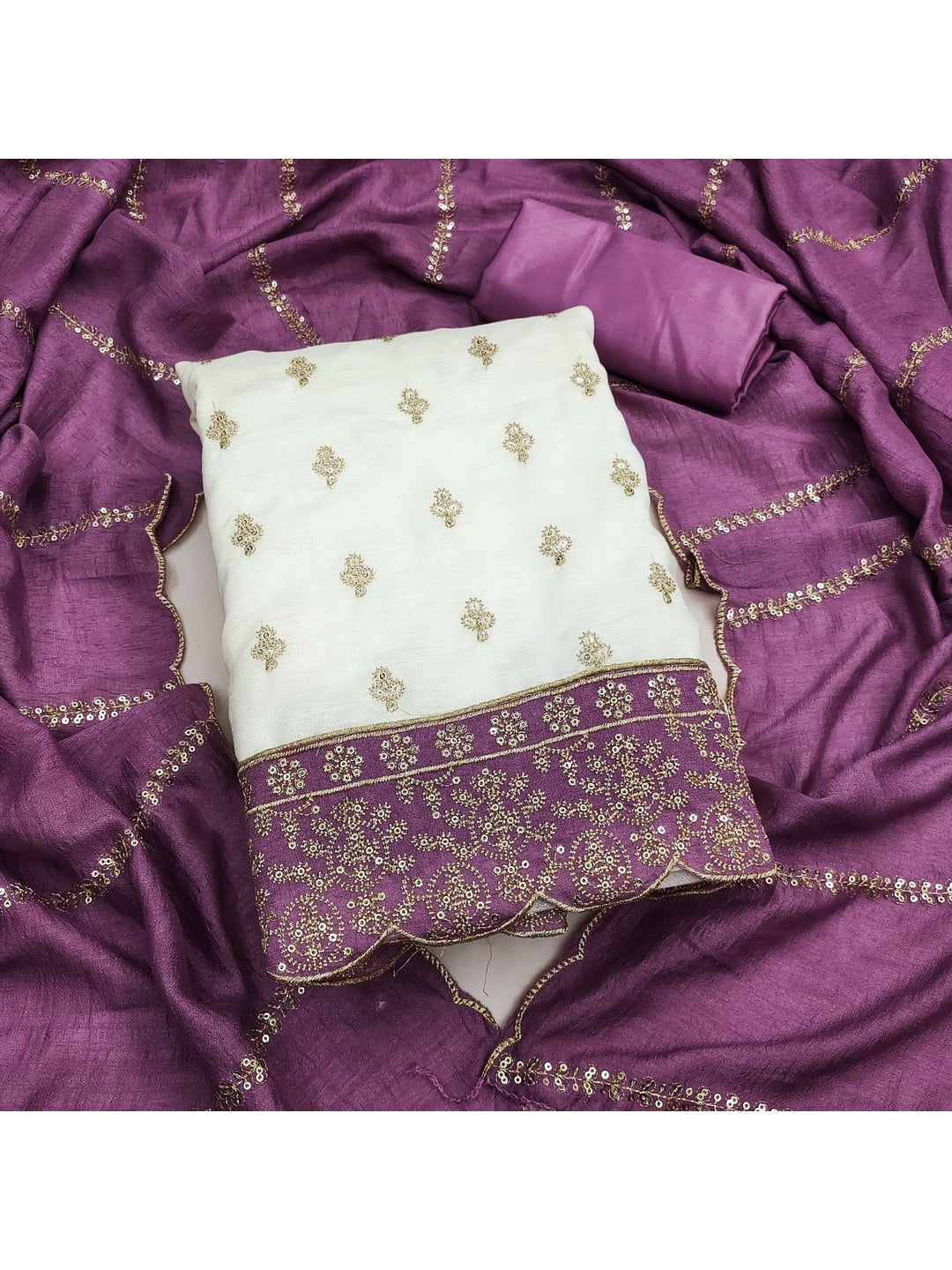 Peachmode Cream and Lavender Sequins Embroidered Vichitra Silk Dress Material - Image 4