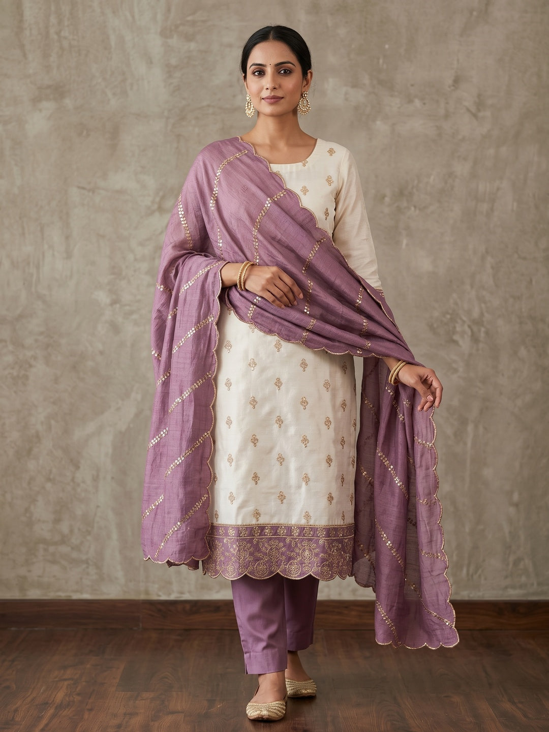 Peachmode Cream and Lavender Sequins Embroidered Vichitra Silk Dress Material - Image 2