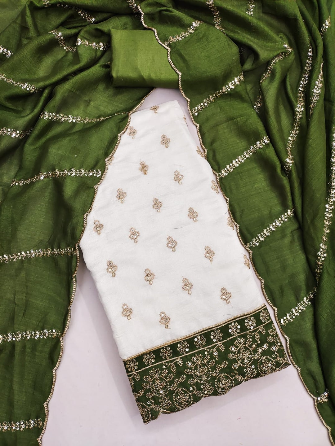 Peachmode Cream and Olive Sequins Embroidered Vichitra Silk Dress Material - Image 1