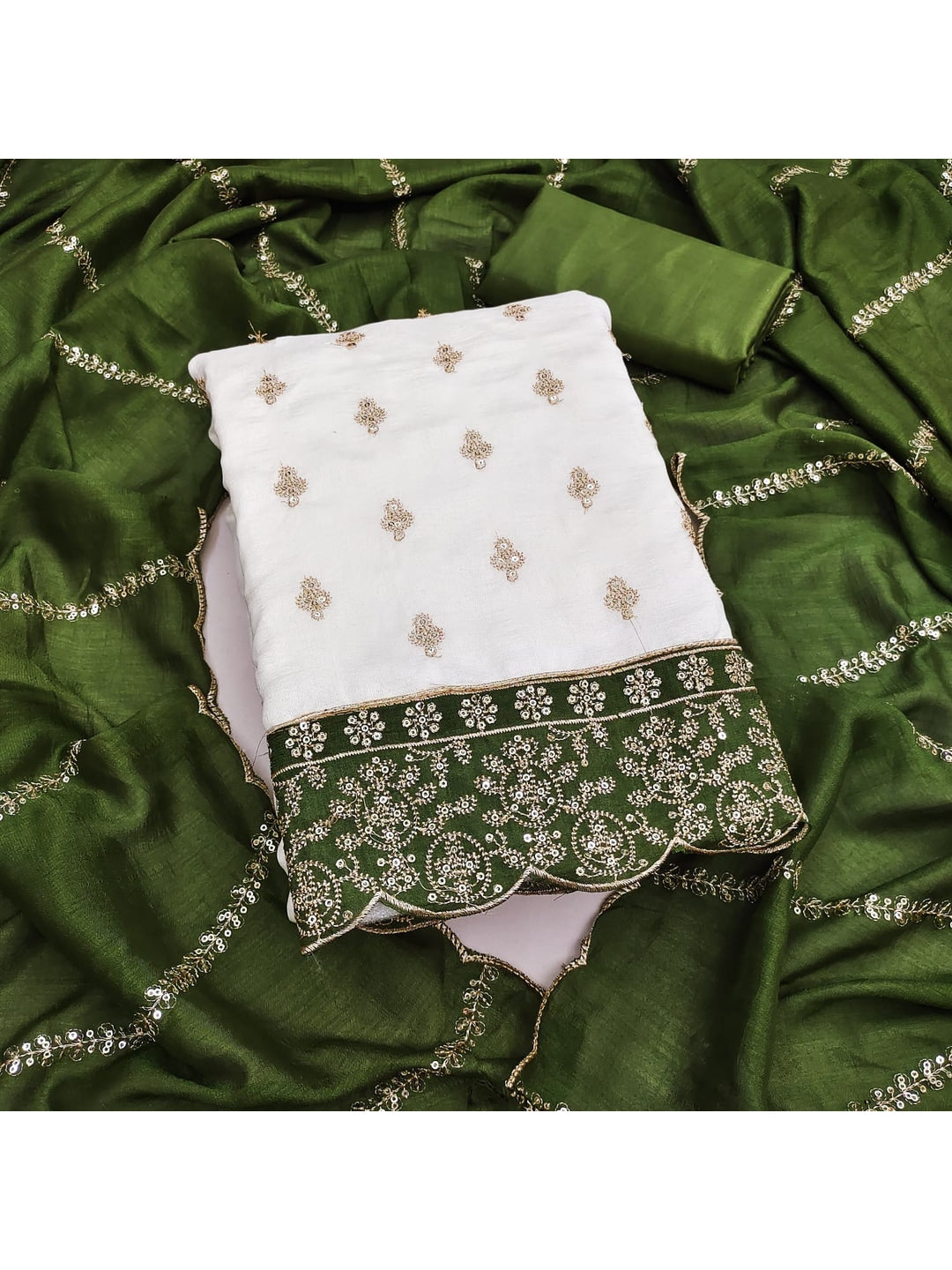 Peachmode Cream and Olive Sequins Embroidered Vichitra Silk Dress Material - Image 4