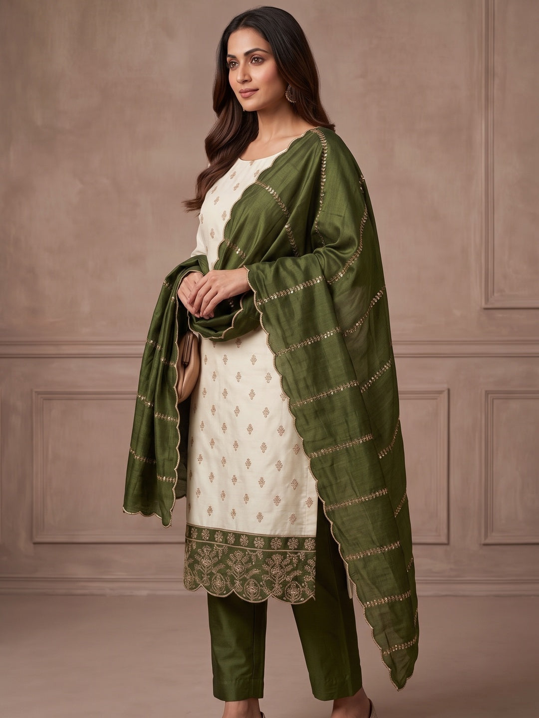 Peachmode Cream and Olive Sequins Embroidered Vichitra Silk Dress Material - Image 5