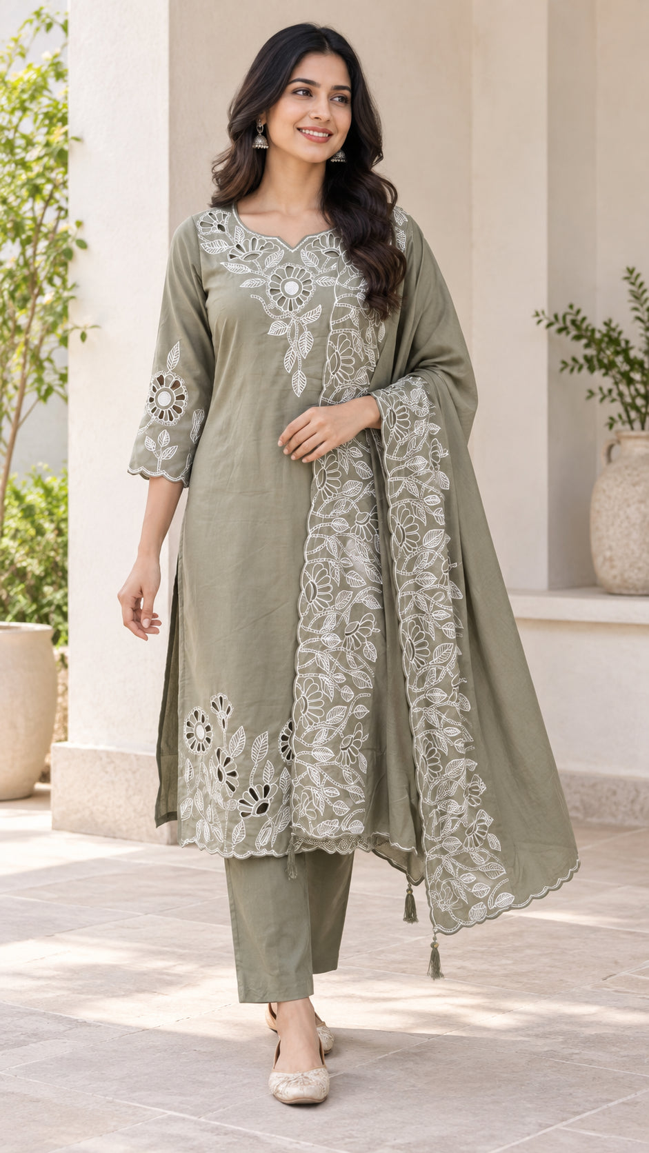 Peachmode Olive Poly Blend Floral Cutwork Embroidered Salwar Suit Set - Image 1