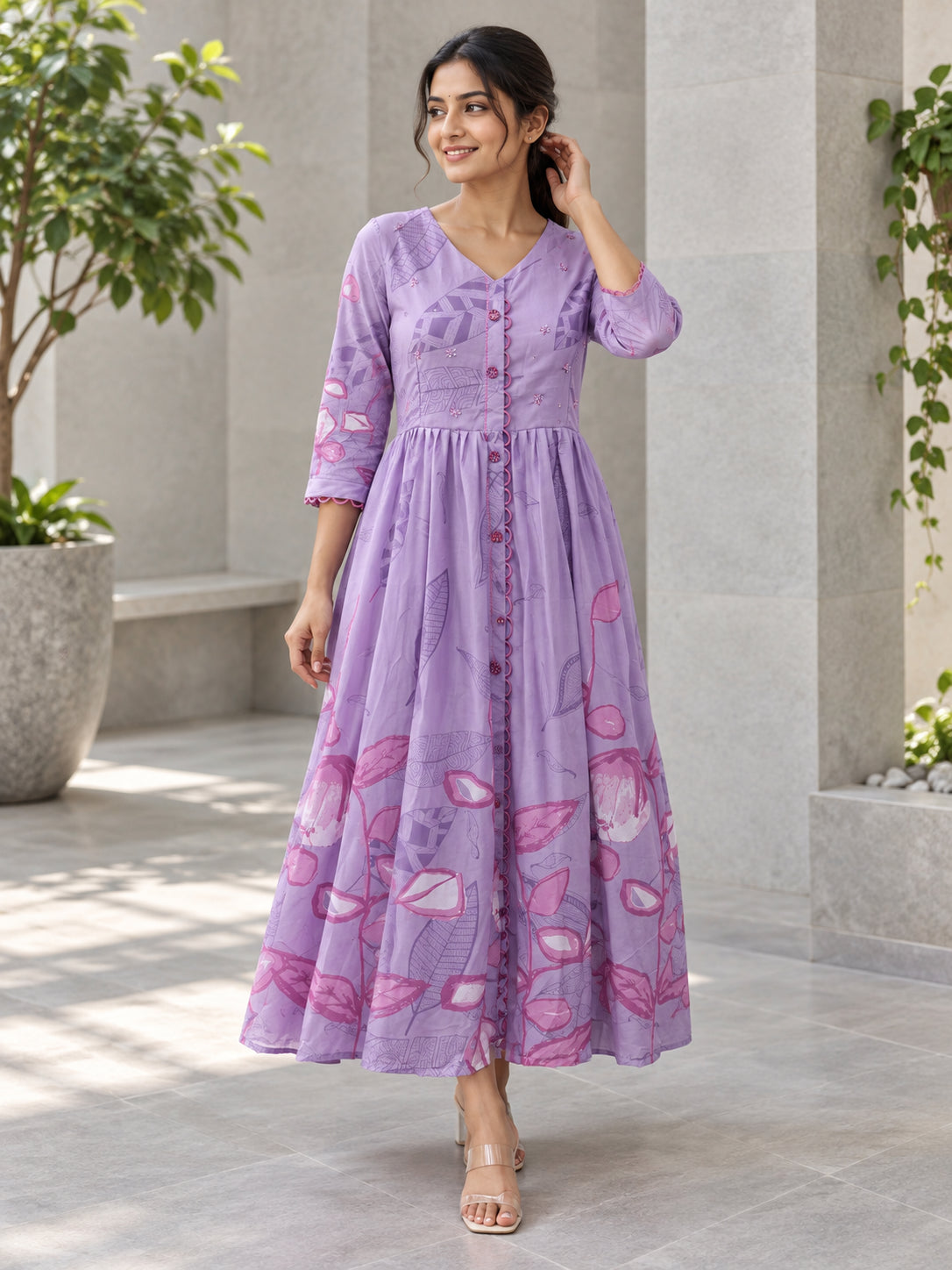 Peachmode Lavender Crepe Floral Embellished Tiered Maxi Dress - Image 1