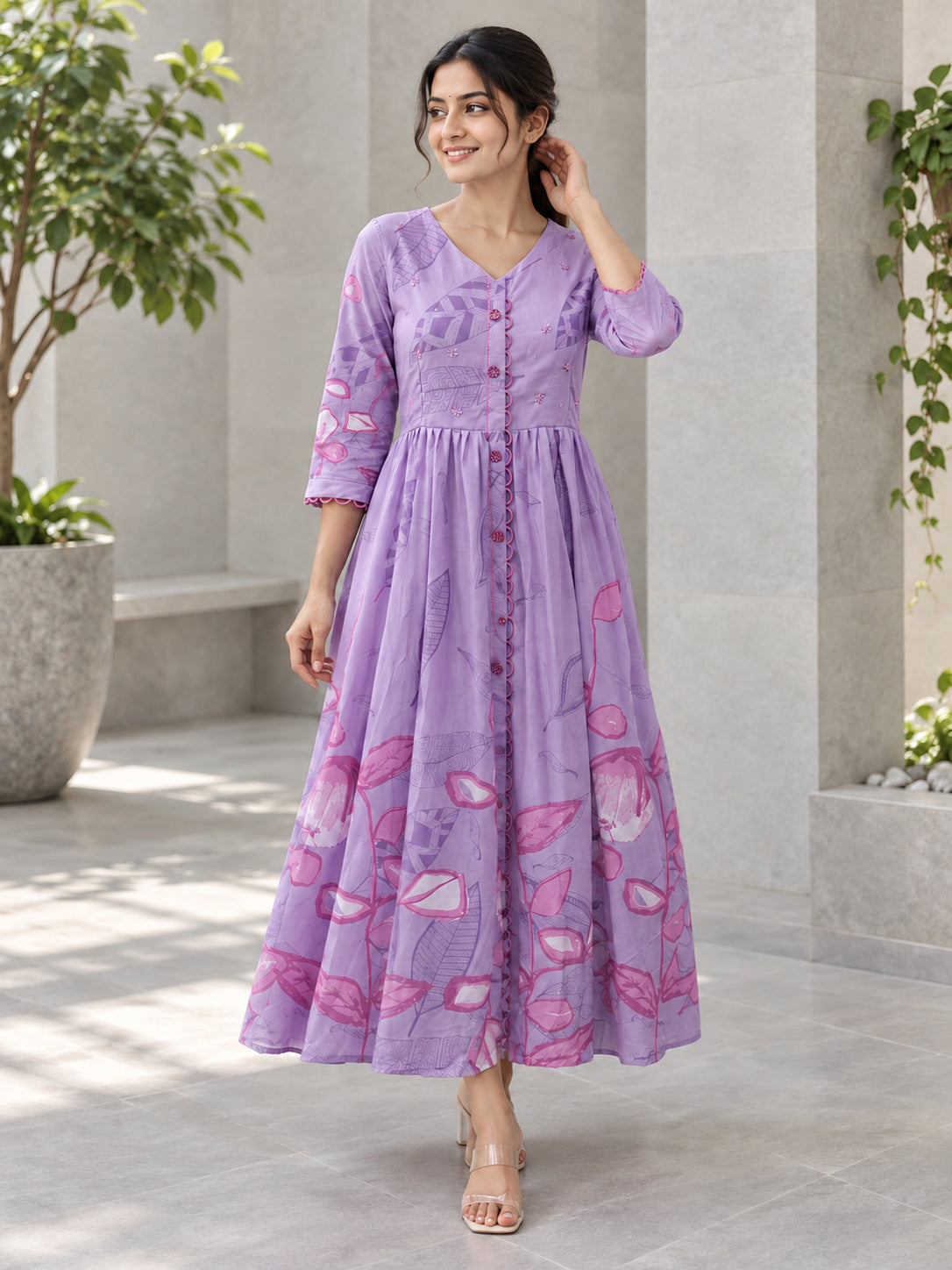 Peachmode Lavender Crepe Floral Embellished Tiered Maxi Dress - Image 5