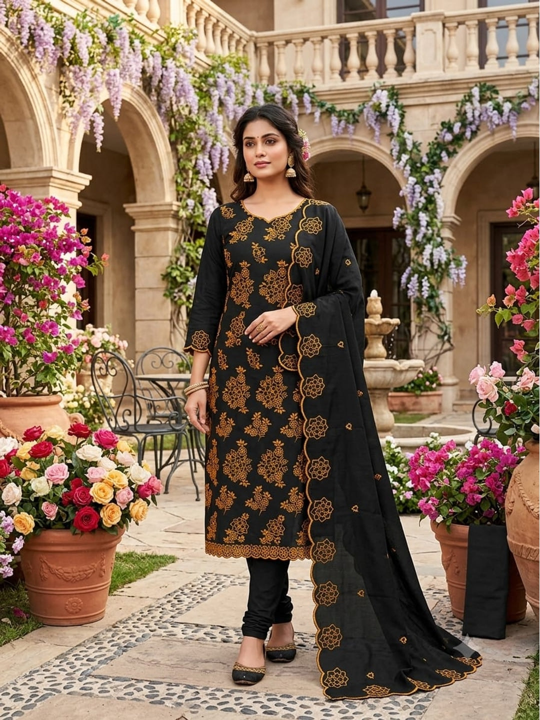 Peachmode Black Floral Embroidered Parampara Silk Dress Material - Image 3