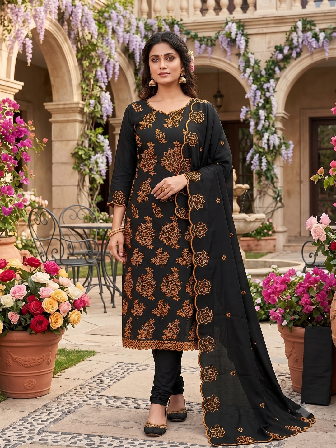 Peachmode Black Floral Embroidered Parampara Silk Dress Material - Image 2