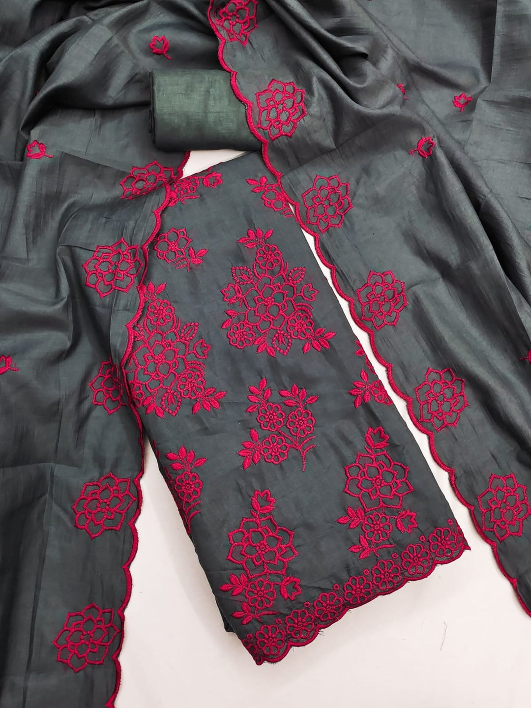 Peachmode Grey Floral Embroidered Parampara Silk Dress Material - Image 4