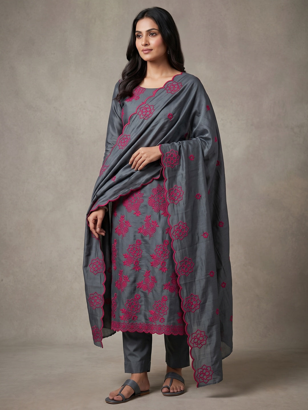 Peachmode Grey Floral Embroidered Parampara Silk Dress Material - Image 2