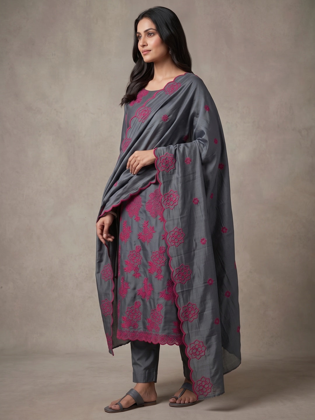 Peachmode Grey Floral Embroidered Parampara Silk Dress Material - Image 5