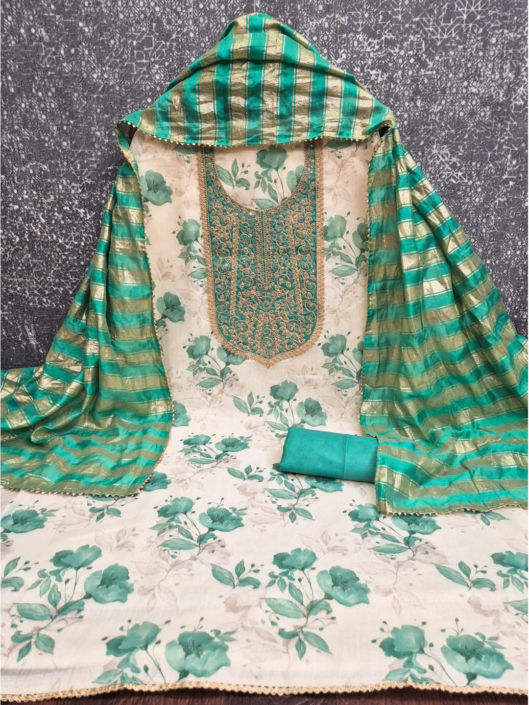 Peachmode Cream Turquoise Floral Sequins Simmer Silk Dress Material - Image 4