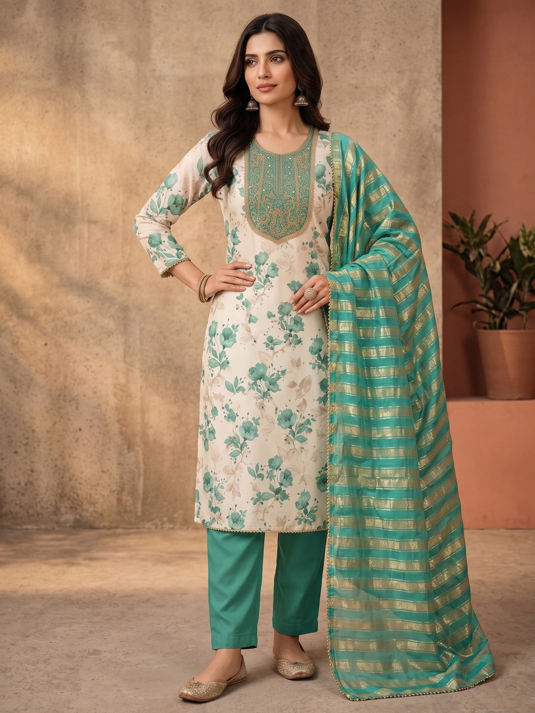 Peachmode Cream Turquoise Floral Sequins Simmer Silk Dress Material - Image 2