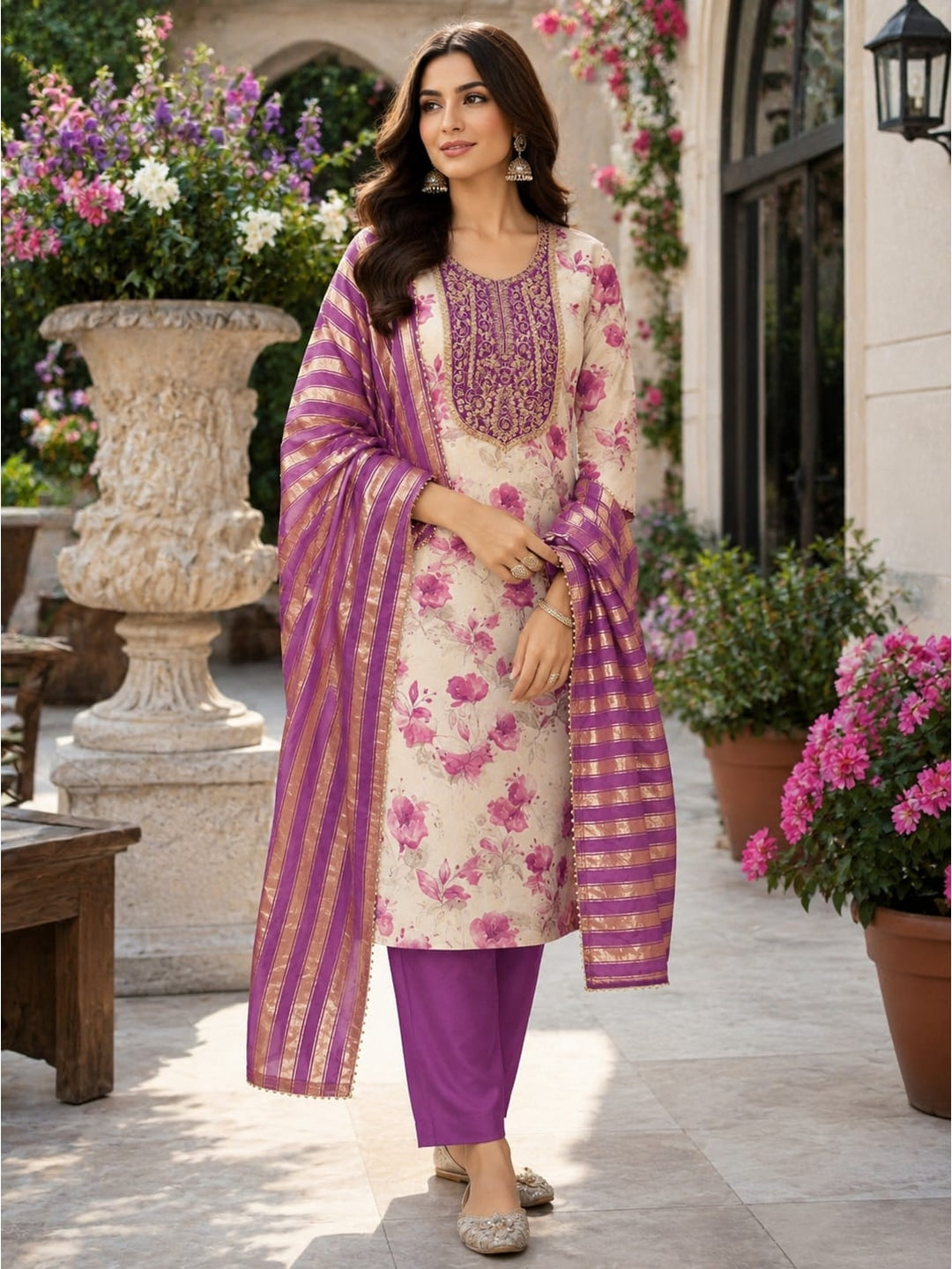 Peachmode Cream Purple Floral Sequins Simmer Silk Dress Material - Image 3