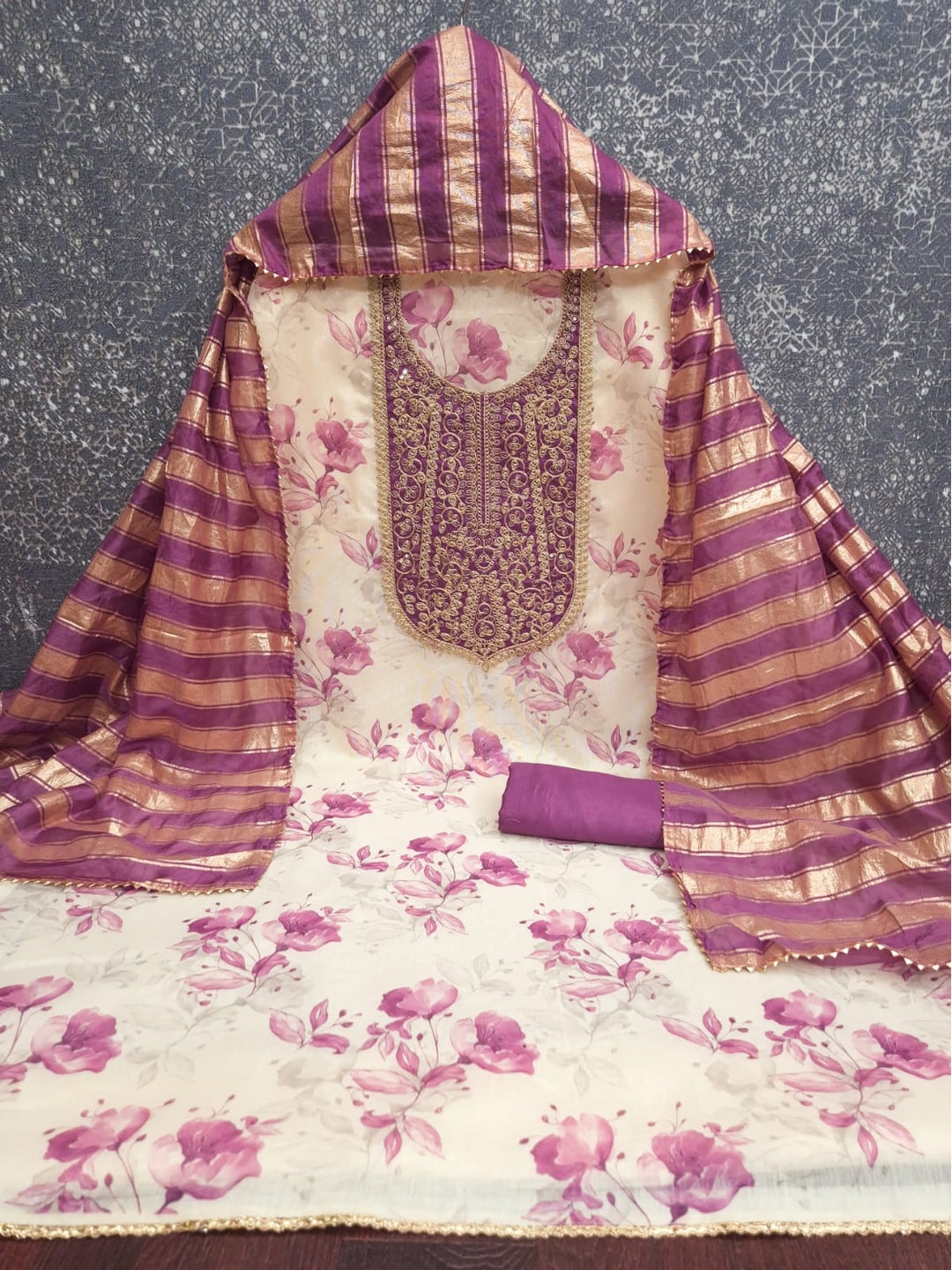 Peachmode Cream Purple Floral Sequins Simmer Silk Dress Material - Image 4