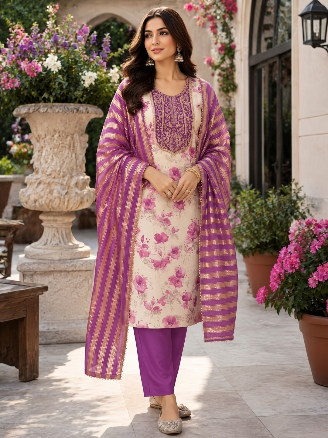 Peachmode Cream Purple Floral Sequins Simmer Silk Dress Material - Image 2