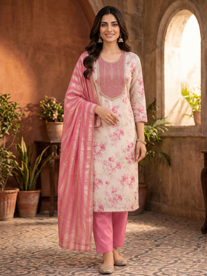 Peachmode Cream Pink Floral Sequins Simmer Silk Dress Material - Image 2