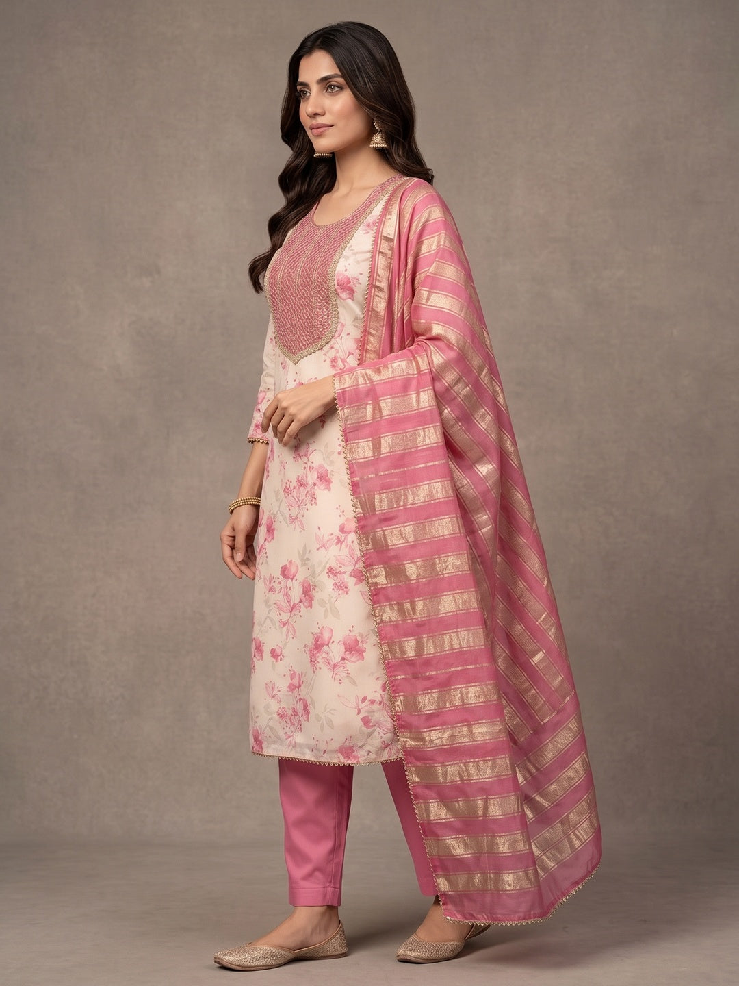 Peachmode Cream Pink Floral Sequins Simmer Silk Dress Material - Image 5
