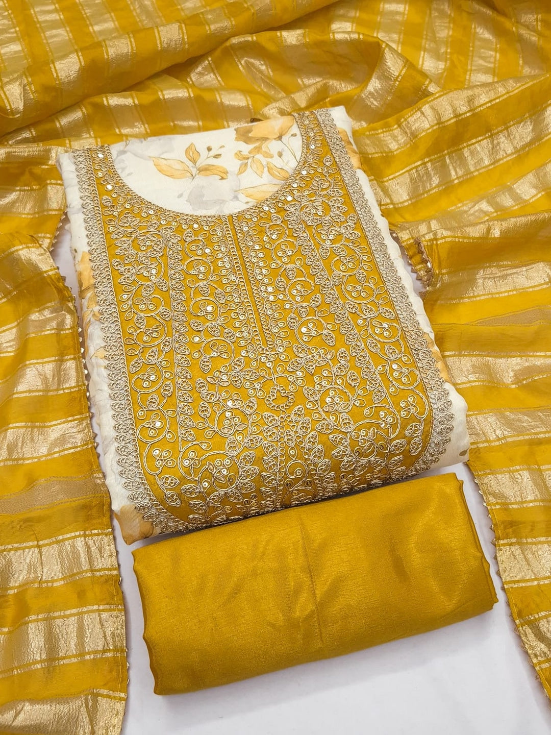 Peachmode Cream Yellow Floral Sequins Simmer Silk Dress Material - Image 1