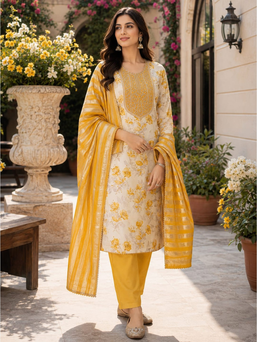 Peachmode Cream Yellow Floral Sequins Simmer Silk Dress Material - Image 3