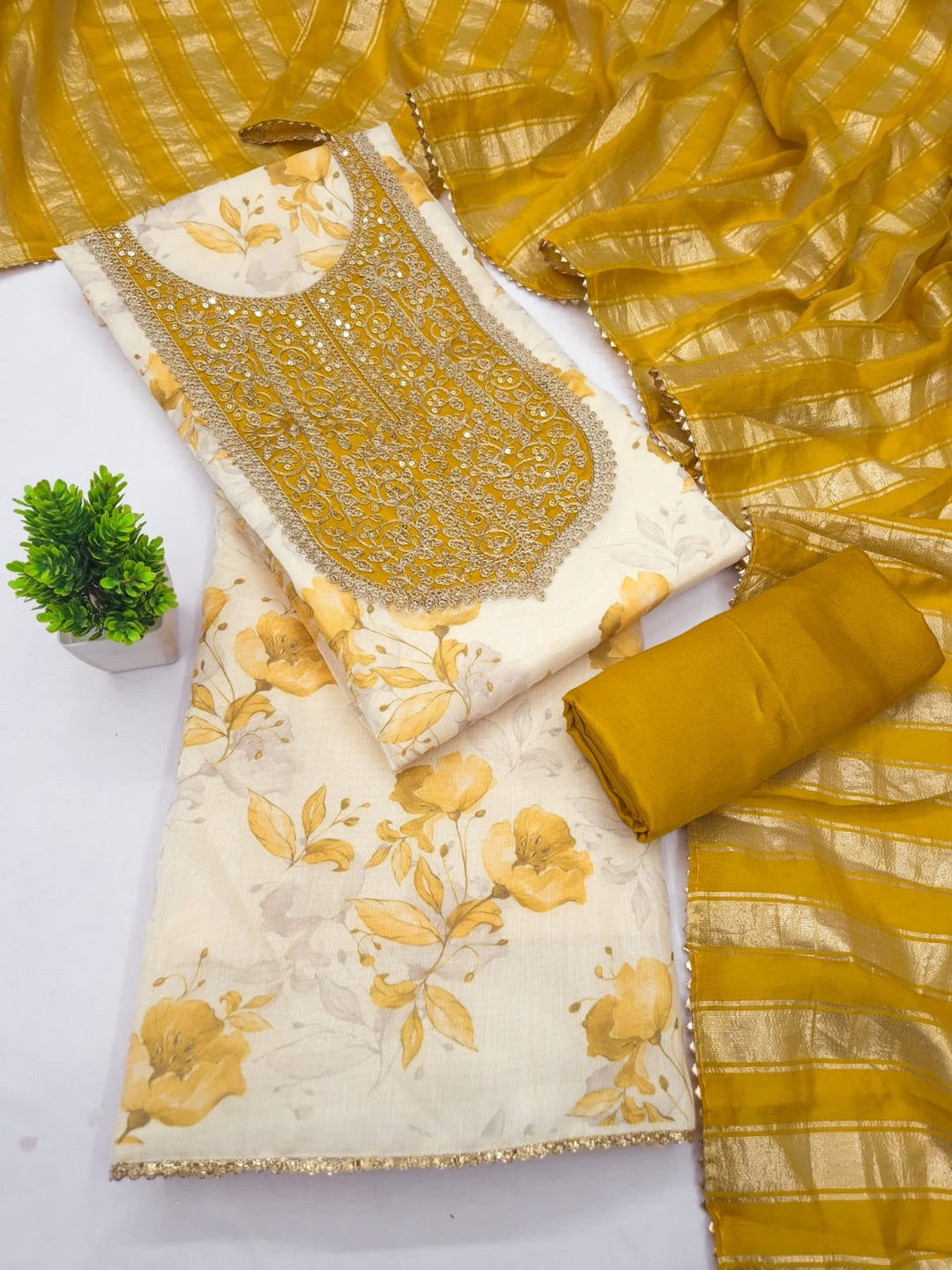 Peachmode Cream Yellow Floral Sequins Simmer Silk Dress Material - Image 4