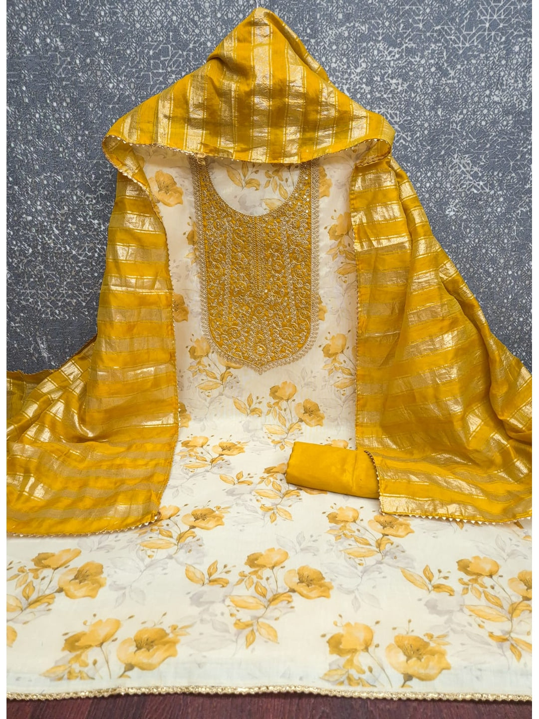 Peachmode Cream Yellow Floral Sequins Simmer Silk Dress Material - Image 5