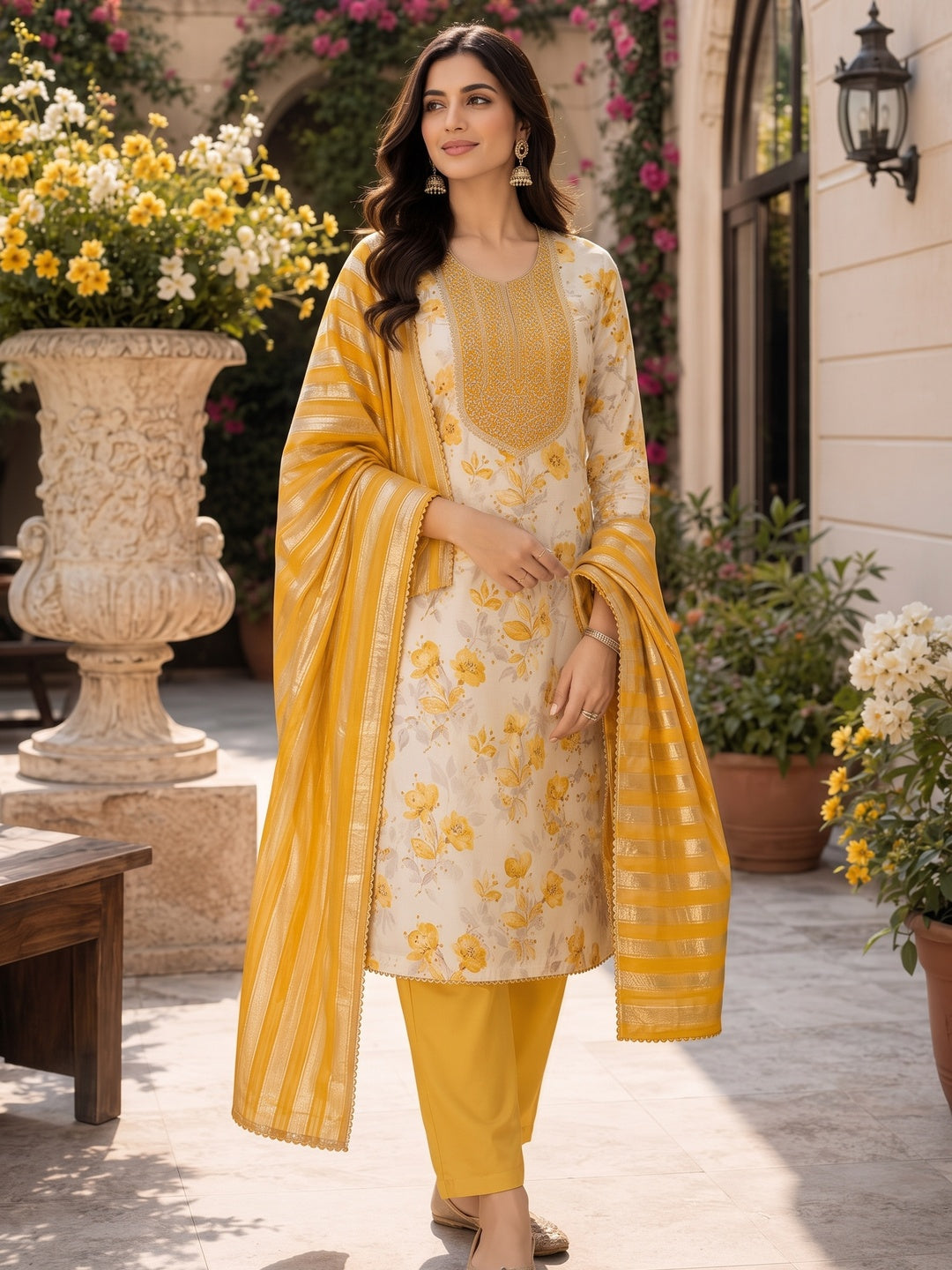 Peachmode Cream Yellow Floral Sequins Simmer Silk Dress Material - Image 2