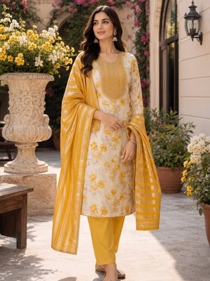 Peachmode Cream Yellow Floral Sequins Simmer Silk Dress Material - Image 2