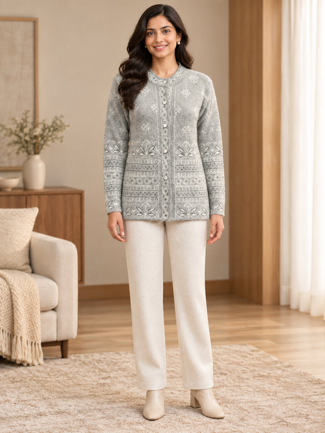 Grey Floral Border Woolen Cardigan - Image 2