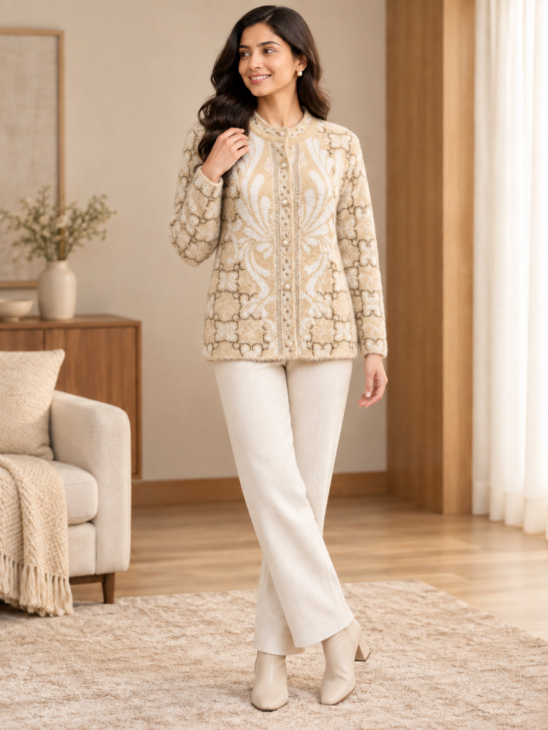 Beige Leaf Motif Woolen Cardigan - Image 1