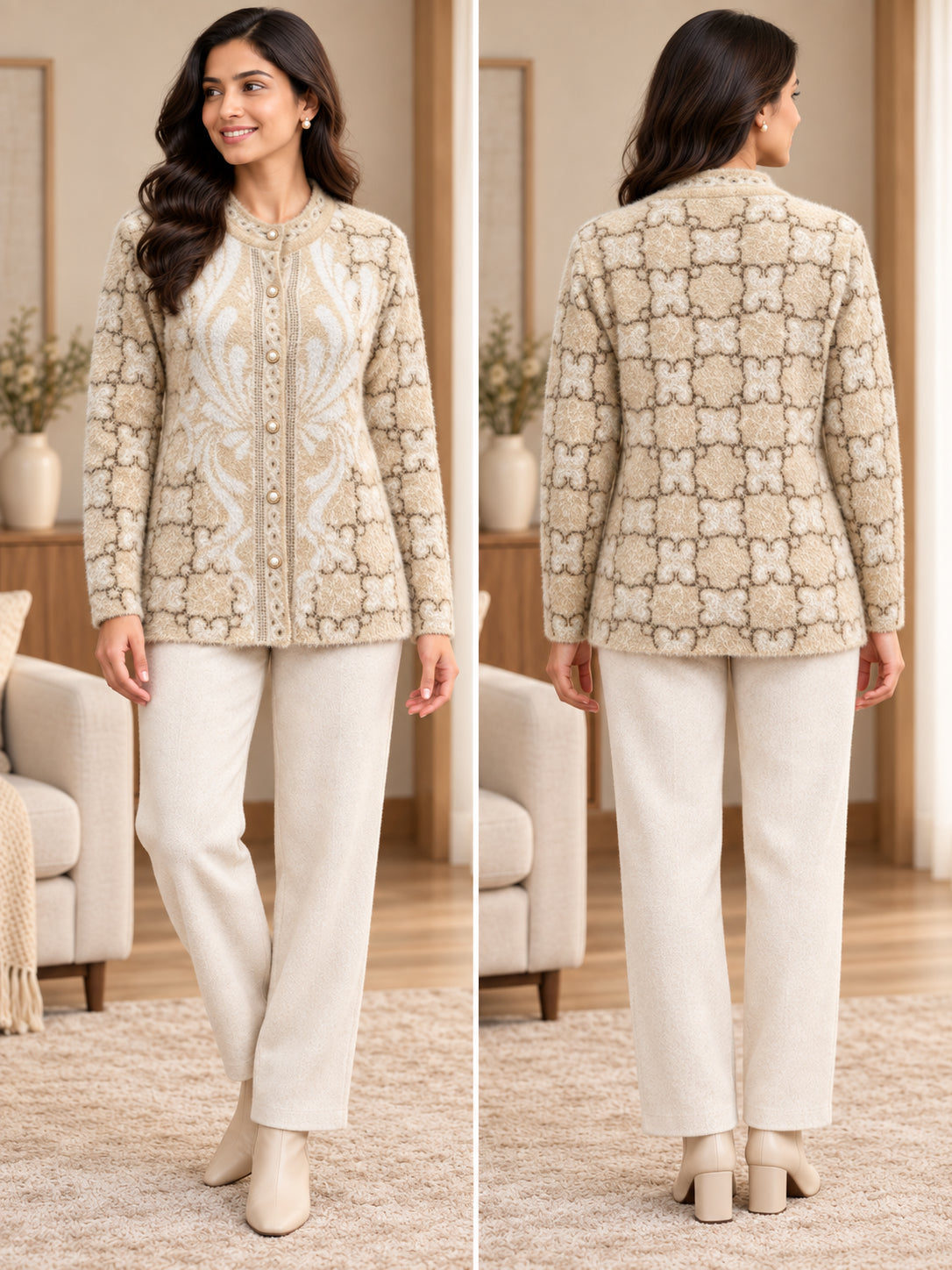 Beige Leaf Motif Woolen Cardigan - Image 4