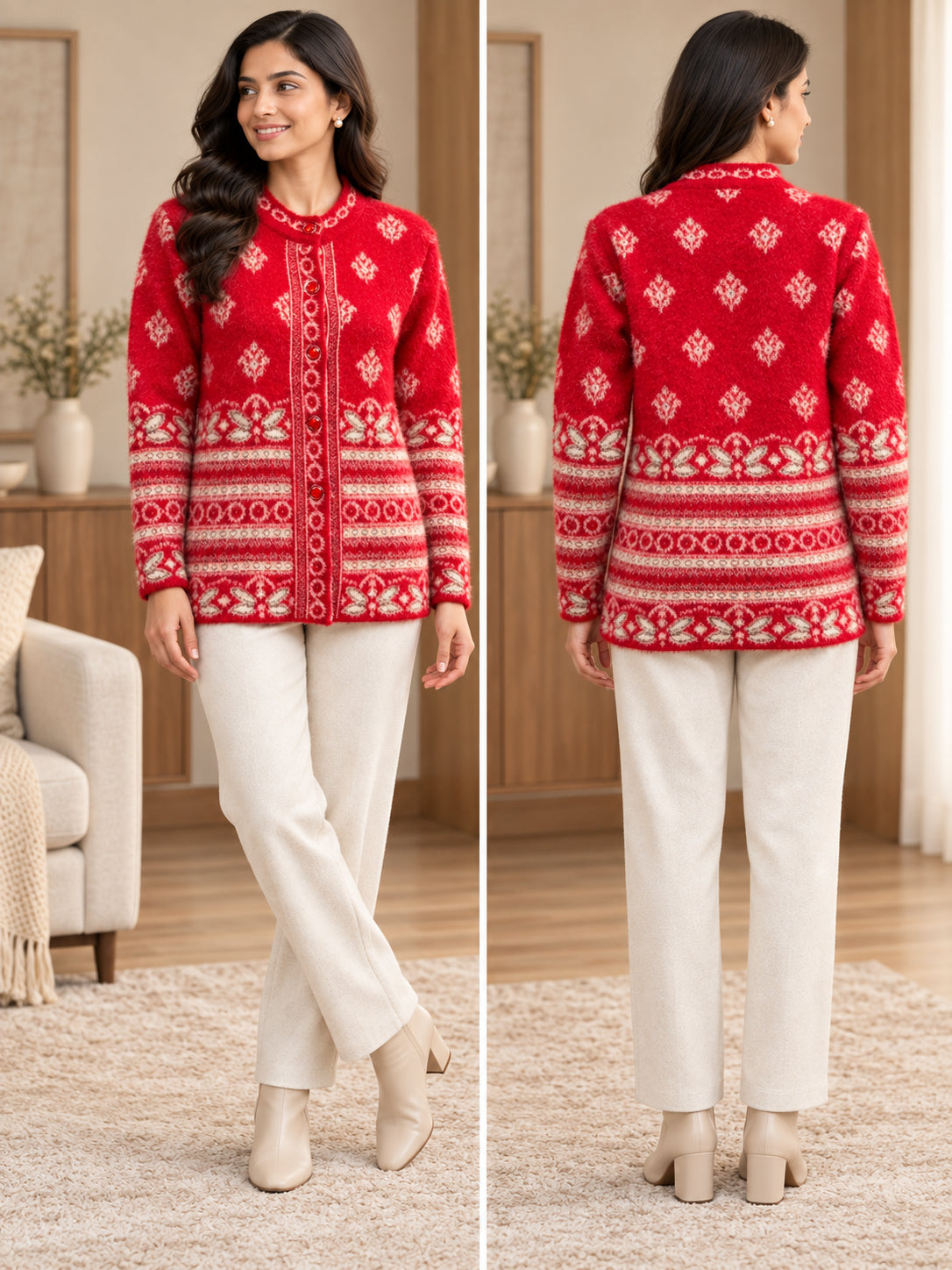 Red Floral Geometric Woolen Cardigan - Image 4